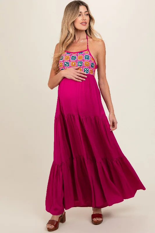 Magenta Crochet Cutout Halter Maternity Maxi Dress Trendy Short Sleeve Maxi Dress