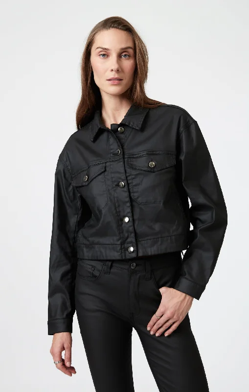 MAREN CROP JACKET IN BLACK COATED Trench Coat Raincoat Waterproof Jacket