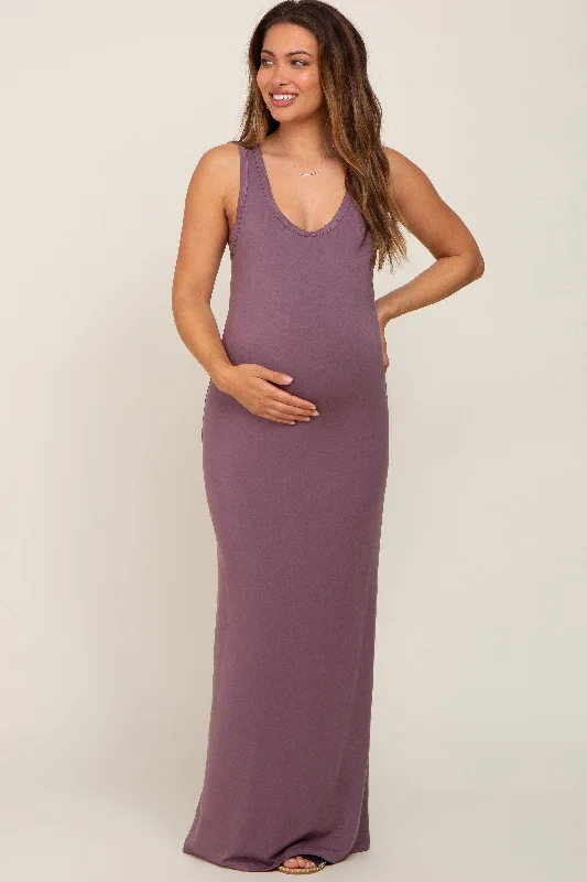 Mauve Basic Sleeveless Maternity Maxi Dress Trendy Floral Print Maxi Dress