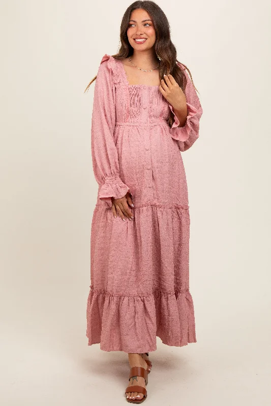 Mauve Button Pleated Front Square Neck Ruffle Tiered Maternity Maxi Dress Fashionable Maxi Dress with Fringe Mauve Button Pleated Front Square Neck Ruffle Tiered Maternity Maxi Dress Fashionable Maxi Dress with Fringe