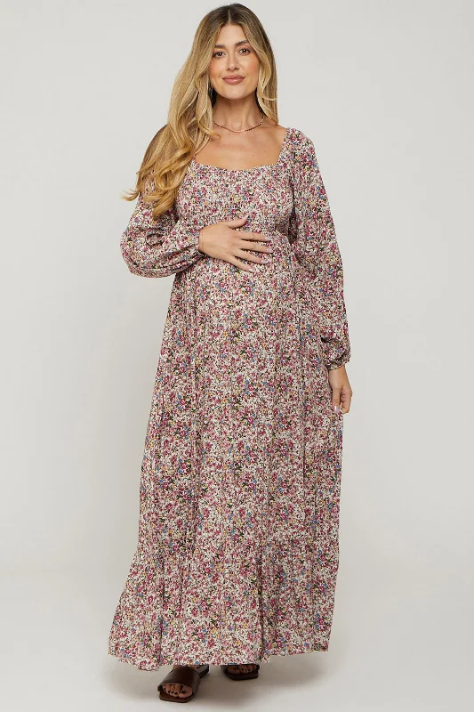 Mauve Floral Long Sleeve Maternity Maxi Dress Chic Boho Print Maxi Dress