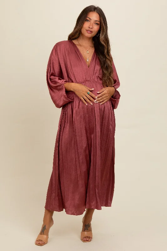 Mauve Satin Pleated V-Neck Maternity Maxi Dress Fashionable Printed Maxi Dress