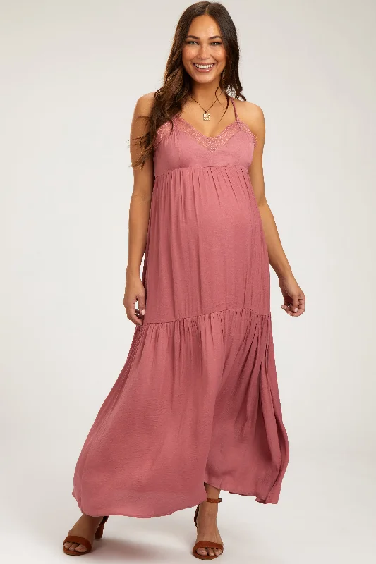 Mauve Sleeveless Lace Tiered Maternity Maxi Dress Comfortable Fit-and-Flare Maxi Dress Mauve Sleeveless Lace Tiered Maternity Maxi Dress Comfortable Fit-and-Flare Maxi Dress