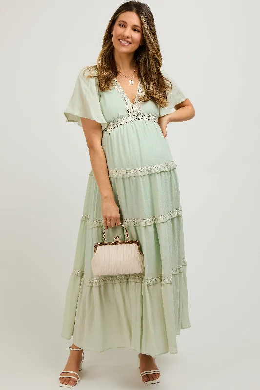 Mint Crochet Lace Tiered Maternity Maxi Dress Elegant Velvet Maxi Dress