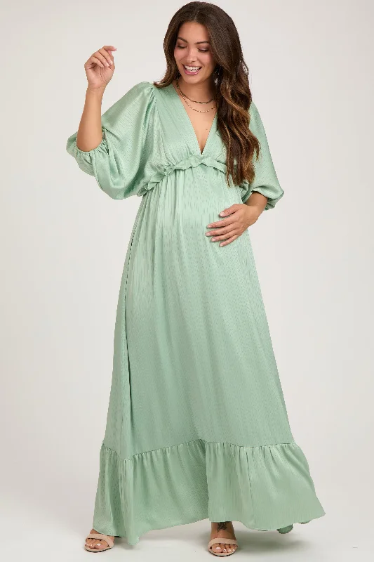 Mint Striped Ruffle Accent Maternity Maxi Dress Comfortable Fitted Maxi Dress