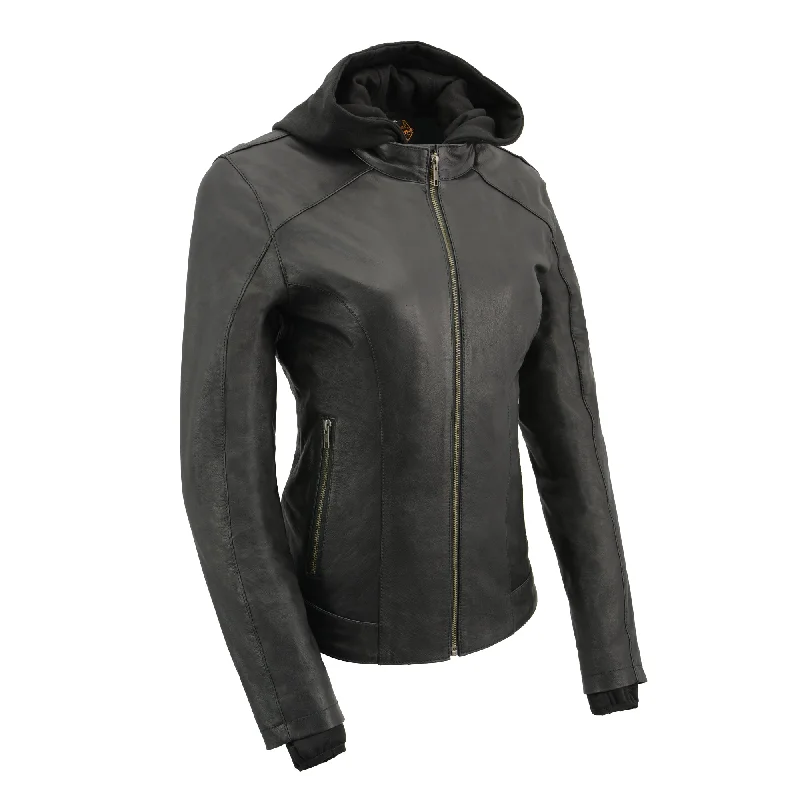 Women Lightweight Black Leather Jacket with Full Sleeve Removable Hoodie Front Pockets Side Pockets Patch Pockets