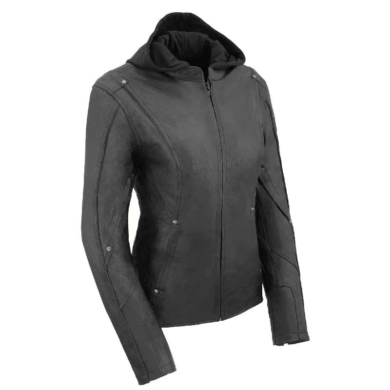 Women Black 3/4 Hooded Leather Jacket with Side Stetch Fit Lace Jacket Ribbed Jacket Sequined Jacket