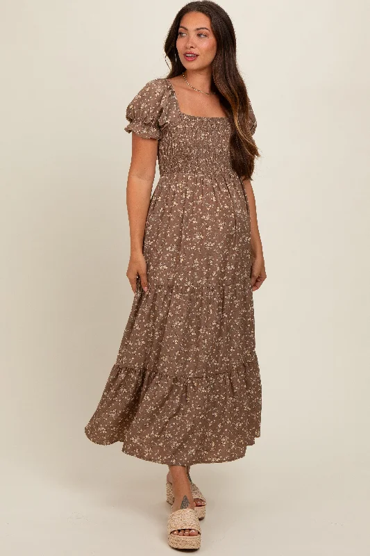 Mocha Floral Short Sleeve Maternity Maxi Dress Stylish Boho Chic Maxi Dress