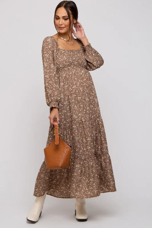 Mocha Floral Smocked Long Sleeve Maternity Maxi Dress Stylish V-Neck Maxi Dress