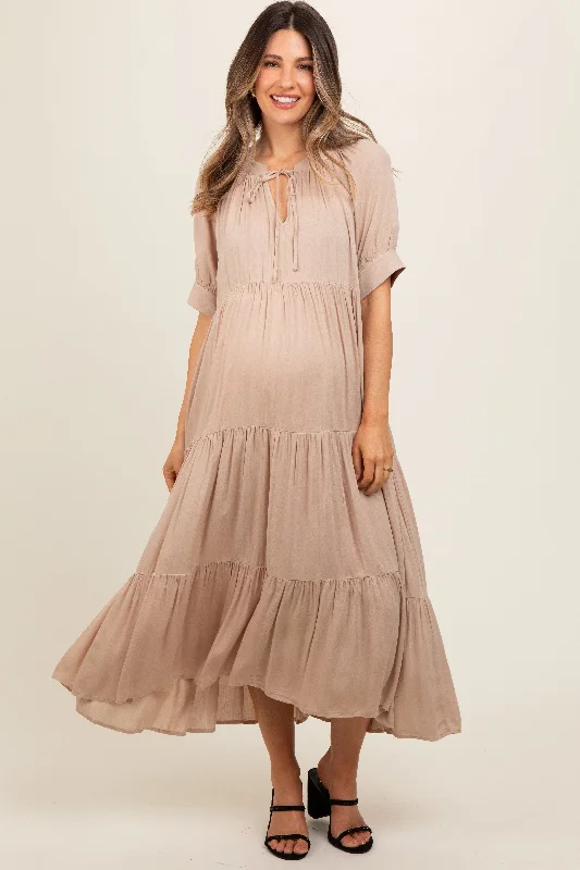 Mocha Lightweight Flowy Tiered Maternity Maxi Dress Elegant Sleeveless Maxi Dress