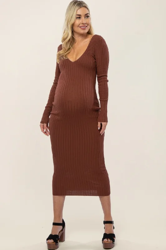 Mocha V-Neck Long Sleeve Fitted Maternity Maxi Dress Comfortable T-Shirt Maxi Dress