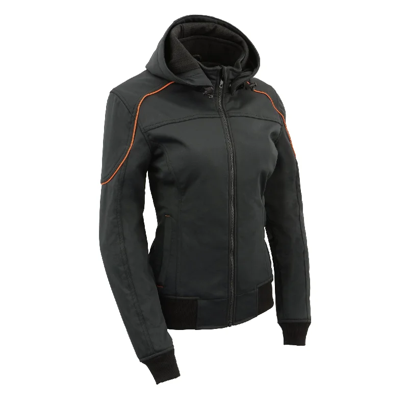 Women Soft Shell Armored Racing Style Jacket with Detachable Hood Front Pockets Side Pockets Patch Pockets