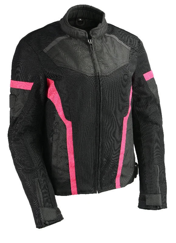 Women Black & Fuchsia Mesh Racer Jacket w/ Reflective Piping Trench Coat Raincoat Waterproof Jacket