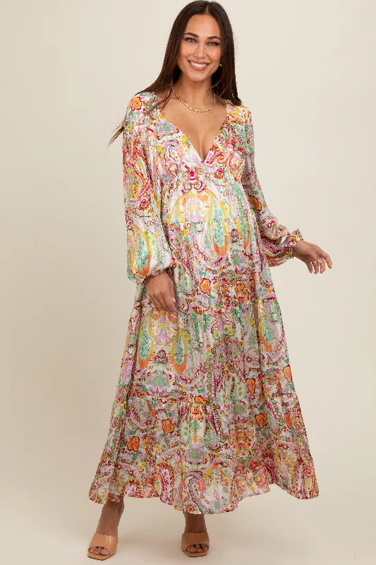Multi-Color Floral Metallic Striped Tiered Long Puff Sleeve Maternity Maxi Dress Trendy Off-Shoulder Ruffle Maxi Dress