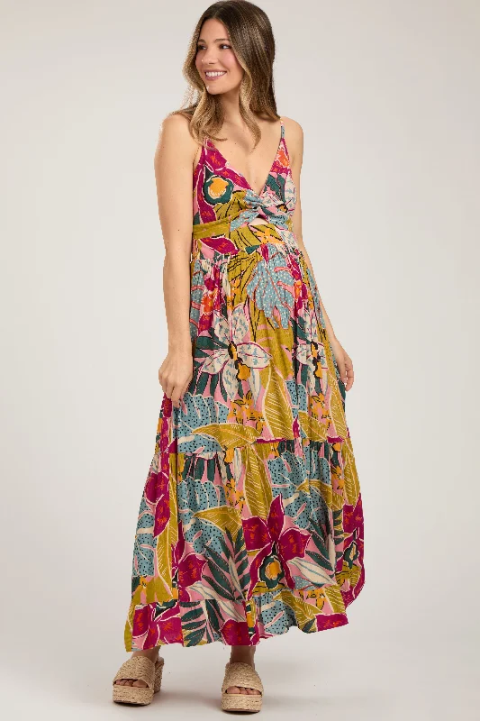 Multi-Color Floral V-Neck Front Knot Tiered Maternity Maxi Dress Comfortable Maxi Dress with Sleeves Multi-Color Floral V-Neck Front Knot Tiered Maternity Maxi Dress Comfortable Maxi Dress with Sleeves
