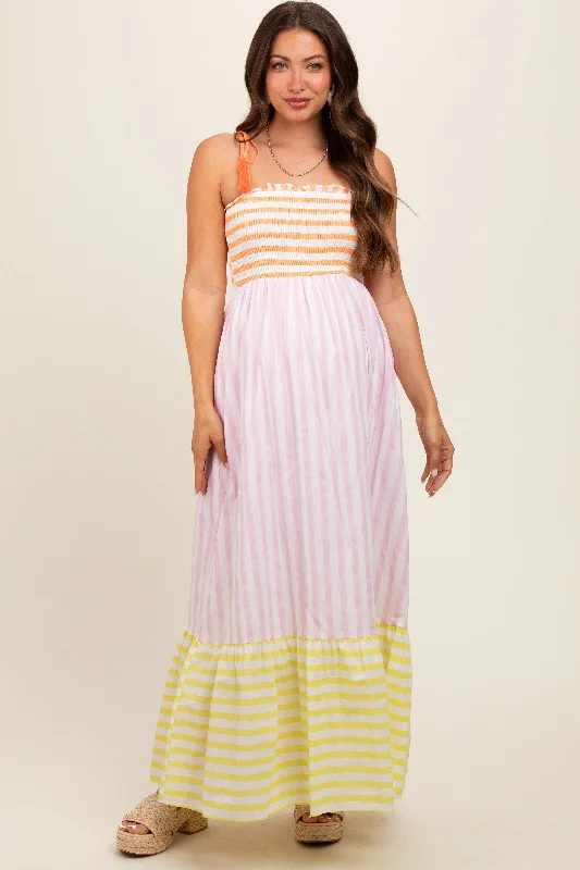 Multi-Color Striped Color Block Shoulder Tie Maternity Maxi Dress Chic Button-Up Maxi Dress Multi-Color Striped Color Block Shoulder Tie Maternity Maxi Dress Chic Button-Up Maxi Dress