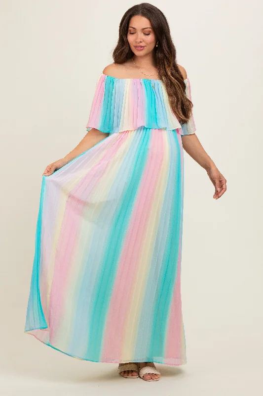 Multicolor Pleated Off Shoulder Maternity Maxi Dress Comfortable Maxi Dress with Slits Multicolor Pleated Off Shoulder Maternity Maxi Dress Comfortable Maxi Dress with Slits