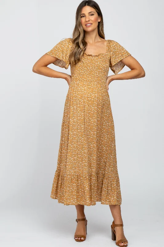 Mustard Floral Smocked Maternity Maxi Dress Fashionable High-Waist Maxi Dress