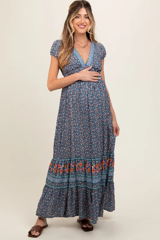 Navy Blue Border Print Ruffle Maternity Maxi Dress Trendy Fit-and-Flare Maxi Dress