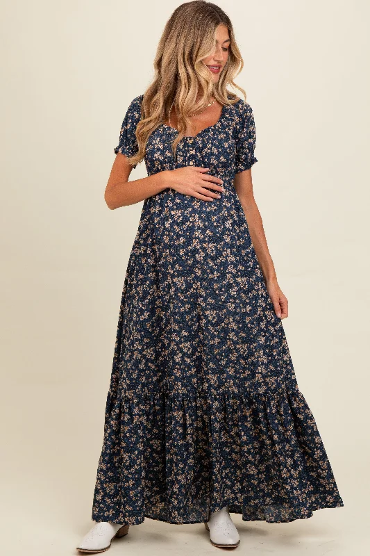 Navy Blue Floral Button Accent Maternity Maxi Dress Fashionable Chiffon Maxi Dress