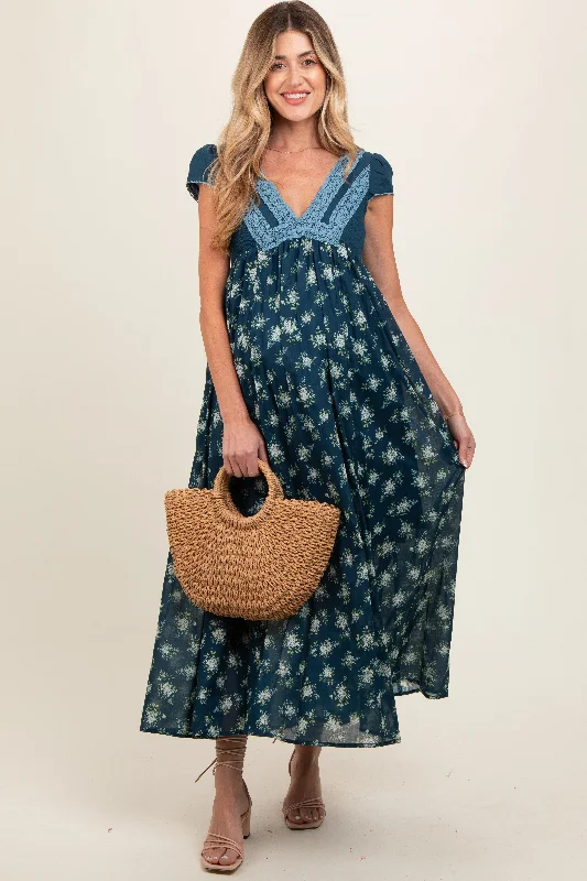 Navy Blue Floral Lace V-Neck Maternity Maxi Dress Comfortable Ruffle Hem Maxi Dress