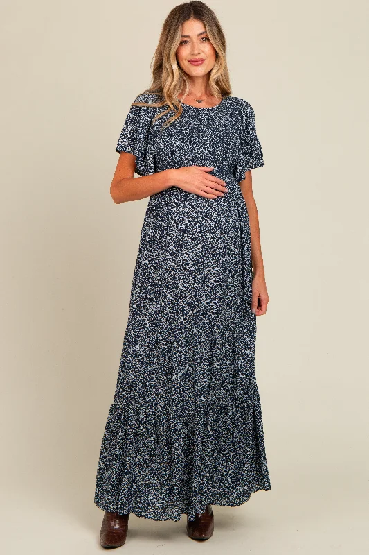 Navy Blue Floral Smocked Flutter Sleeve Maternity Maxi Dress Cozy Cold-Shoulder Maxi Dress