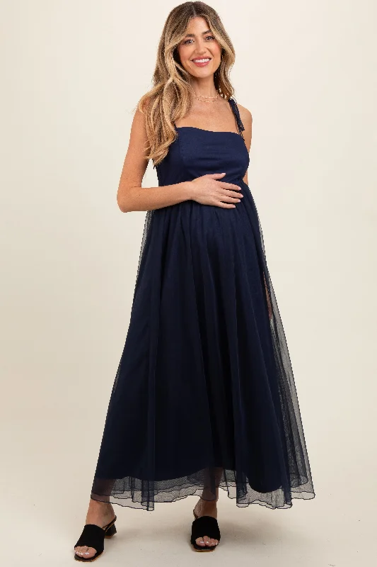 Navy Blue Square Neck Shoulder Tie Tulle Maternity Maxi Dress Comfortable Bohemian Maxi Dress Navy Blue Square Neck Shoulder Tie Tulle Maternity Maxi Dress Comfortable Bohemian Maxi Dress