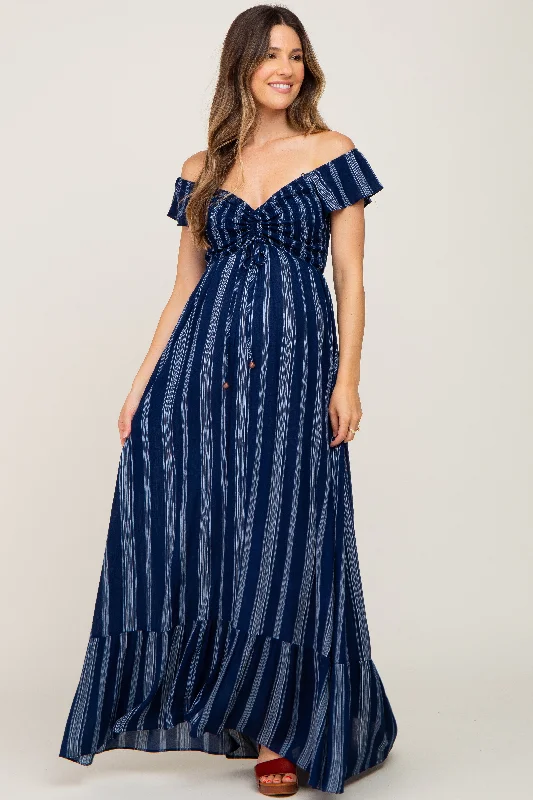 Navy Blue Striped Off Shoulder Front Tie Maternity Maxi Dress Fashionable Open-Back Maxi Dress Navy Blue Striped Off Shoulder Front Tie Maternity Maxi Dress Fashionable Open-Back Maxi Dress