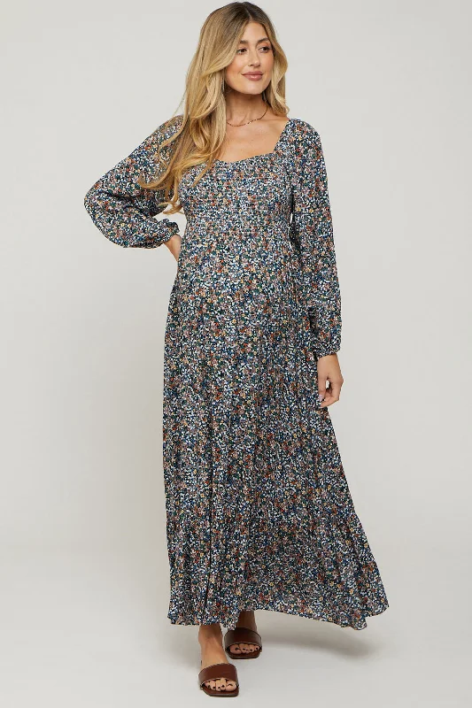 Navy Floral Long Sleeve Maternity Maxi Dress Elegant Floral Maxi Dress