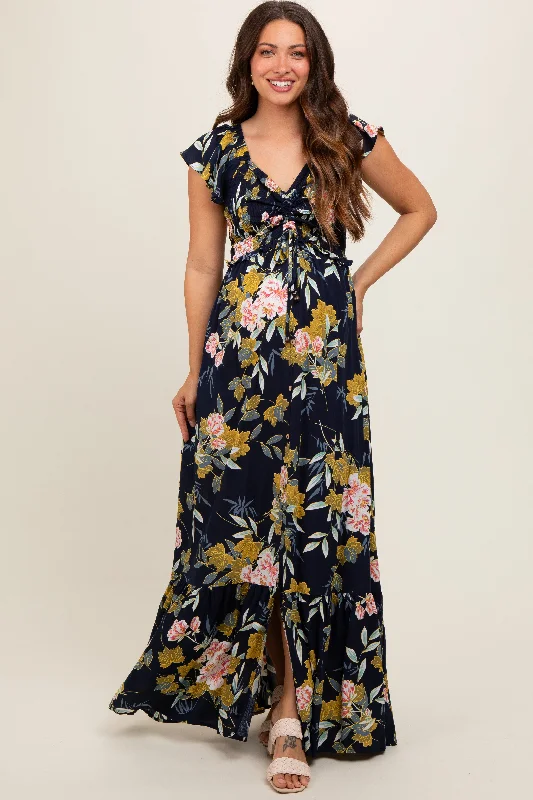 Navy Floral Smocked Cinched Top Maternity Maxi Dress Elegant Lace Maxi Dress