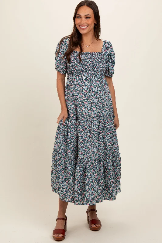 Navy Floral Smocked Tiered Puff Sleeve Maternity Maxi Dress Elegant Sleeveless Maxi Dress Navy Floral Smocked Tiered Puff Sleeve Maternity Maxi Dress Elegant Sleeveless Maxi Dress