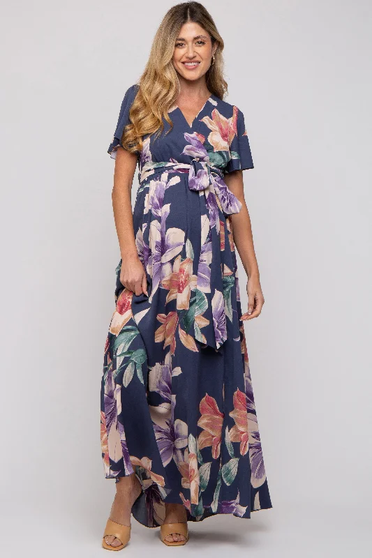 Navy Floral Wrap V-Neck Maternity Maxi Dress Elegant Silk Maxi Dress
