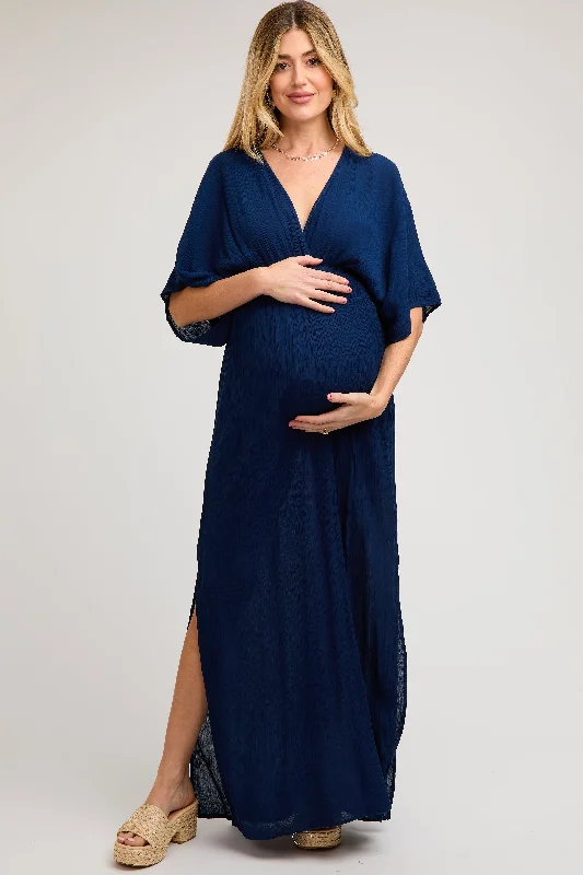 Navy Lightweight Deep V-Neck Maternity Maxi Dress Cozy Ruffle Sleeve Maxi Dress