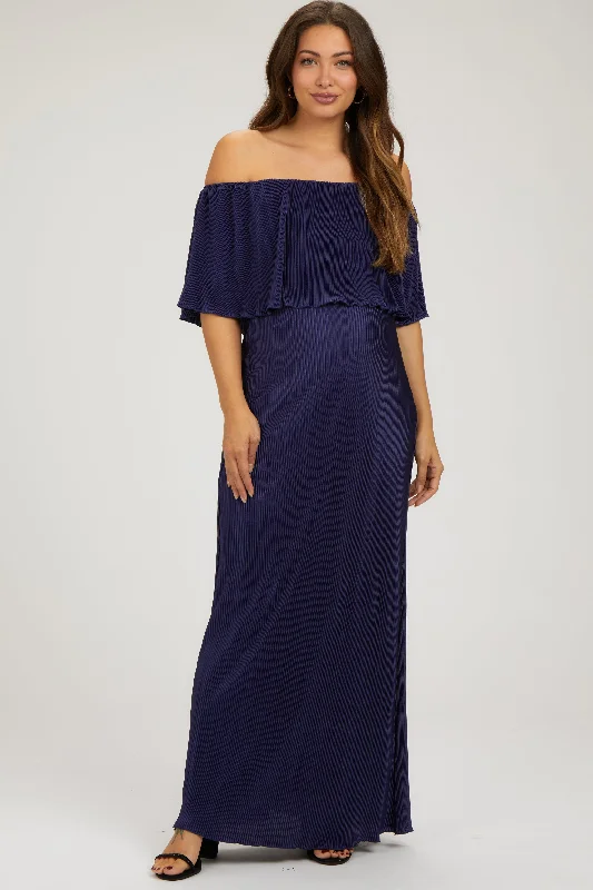 Navy Pleated Ruffle Off Shoulder Maternity Maxi Dress Comfortable Ruffle Hem Maxi Dress Navy Pleated Ruffle Off Shoulder Maternity Maxi Dress Comfortable Ruffle Hem Maxi Dress