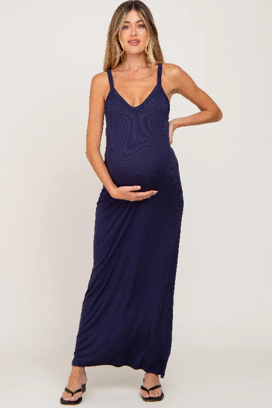 Navy Ribbed Basic Maternity Maxi Dress Elegant Maxi Dress with Drapes