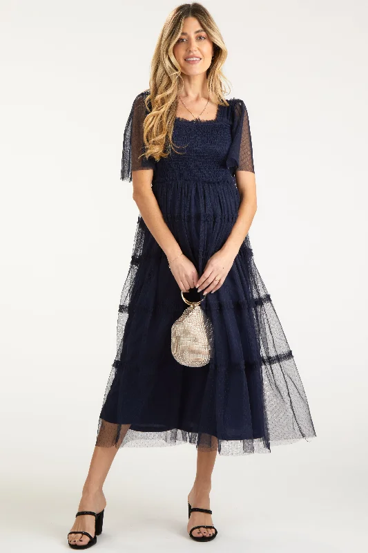 Navy Ruffled Mesh Maternity Maxi Dress Stylish Boho Maxi Dress