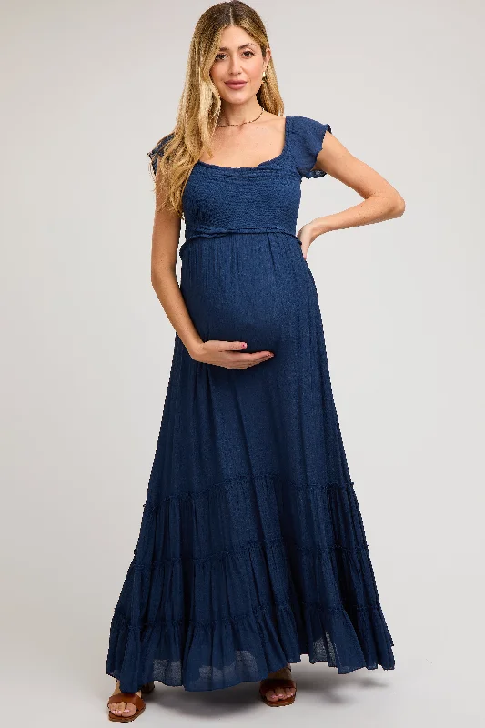 Navy Smocked Crossover Off Shoulder Maternity Maxi Dress Elegant Tiered Maxi Dress