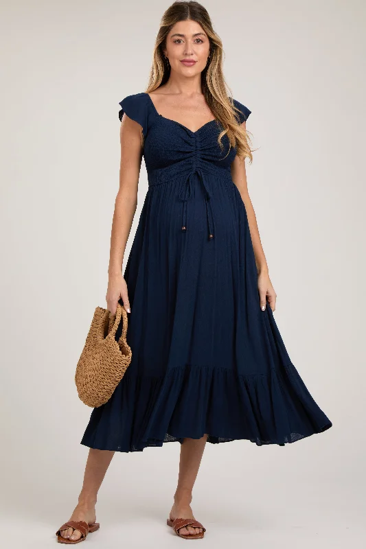Navy Smocked Ruched Ruffle Hem Maternity Maxi Dress Trendy Maxi Dress with Belt