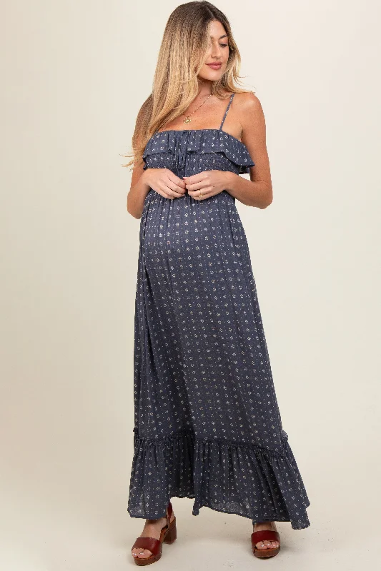 Navy Smocked Sleeveless Floral Maternity Maxi Dress Trendy Fit-and-Flare Maxi Dress