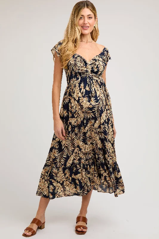 Navy Tropical Print Smocked Short Sleeve Maternity Maxi Dress Elegant Maxi Dress with Drapes