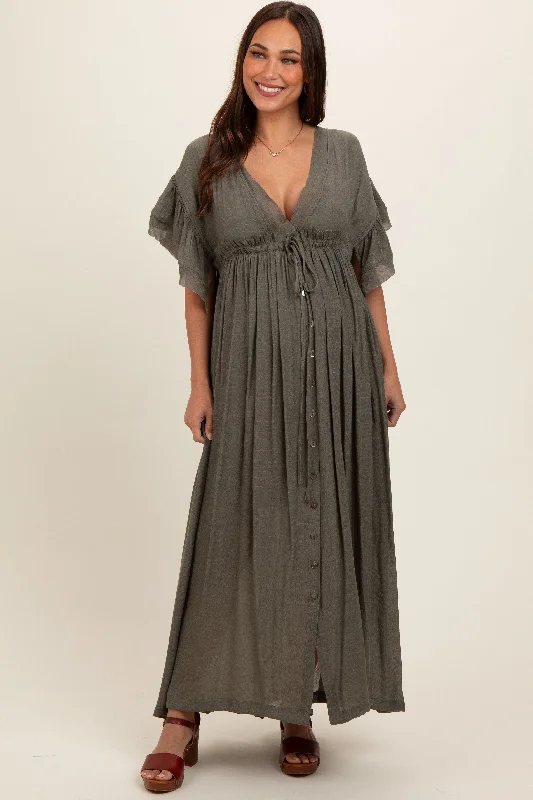Olive Deep V-Neck Button Down Maternity Maxi Dress Trendy Maxi Dress with Belt