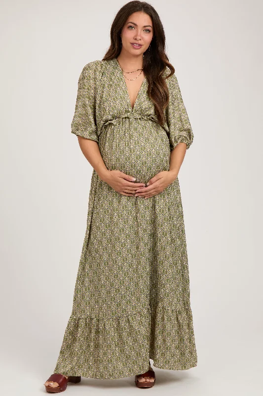 Olive Deep V-Neck Short Puff Sleeve Ruffle Maternity Maxi Dress Trendy Maxi Dress with Belt Olive Deep V-Neck Short Puff Sleeve Ruffle Maternity Maxi Dress Trendy Maxi Dress with Belt