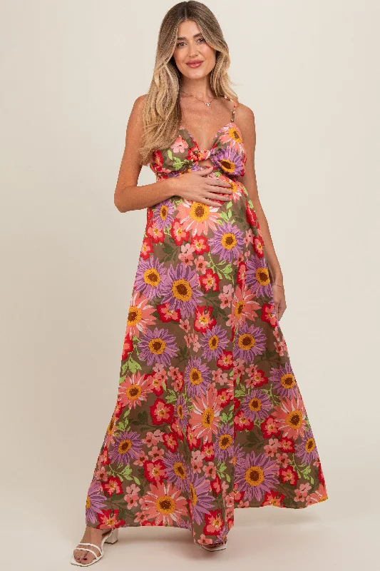 Olive Floral Cutout V-Neck Maternity Maxi Dress Classic A-Line Maxi Dress