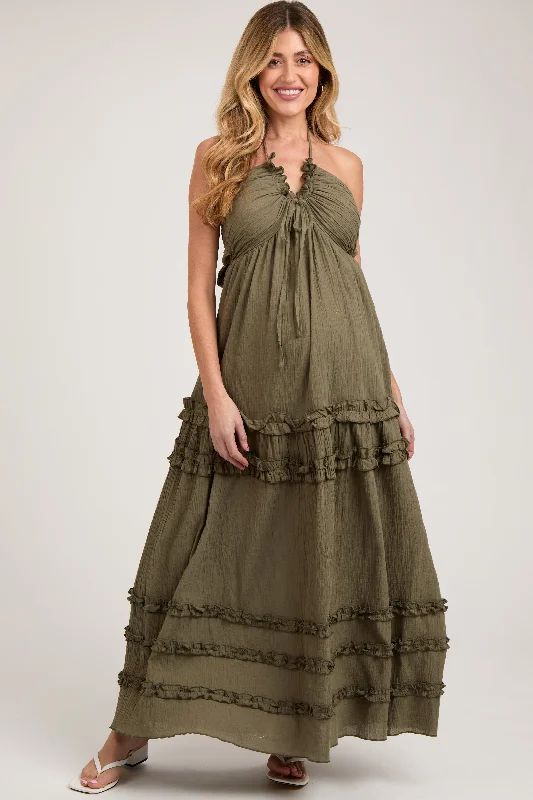 Olive Ruffle Ruched Deep V-Neck Maternity Maxi Dress Elegant Pleated Maxi Dress
