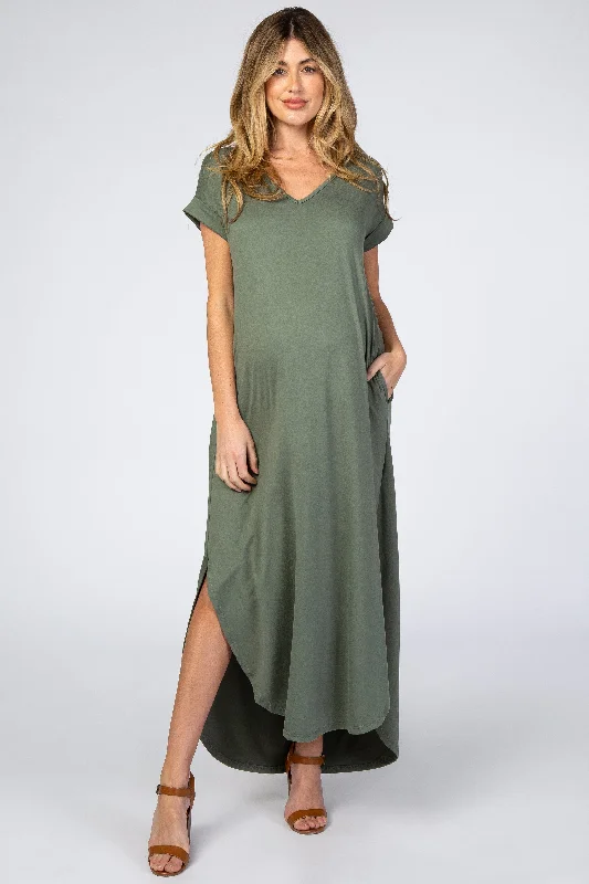 Olive Side Slit Maternity Maxi Dress Classic V-Neck Maxi Dress