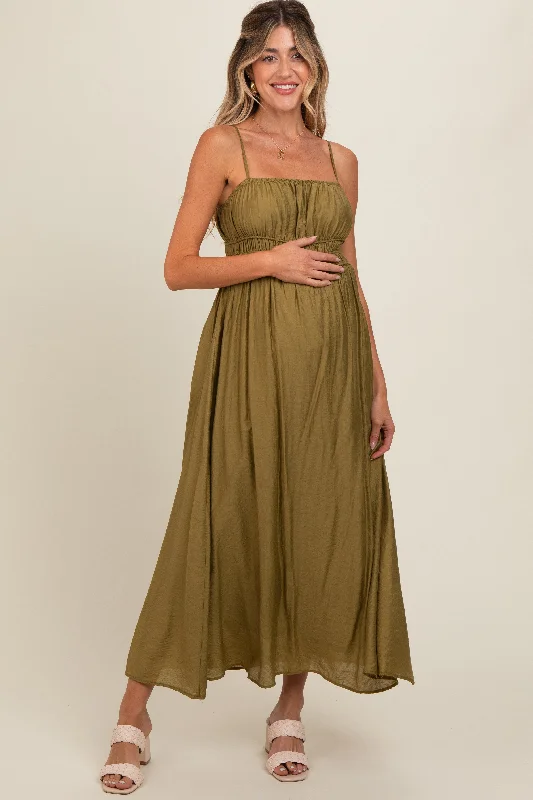Olive Sleeveless Square Neckline Maternity Maxi Dress Elegant Maxi Dress with Ruffles