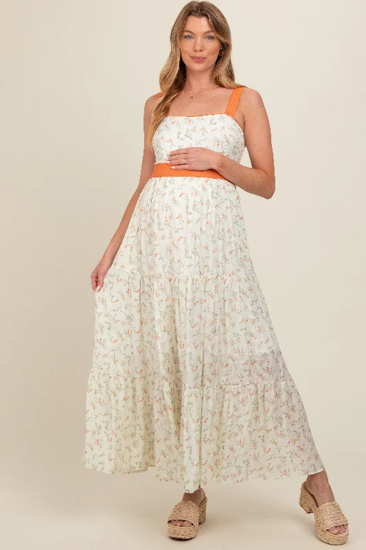 Orange Floral Contrast Sash Tie Maternity Maxi Dress Fashionable Halter Neck Maxi Dress Orange Floral Contrast Sash Tie Maternity Maxi Dress Fashionable Halter Neck Maxi Dress