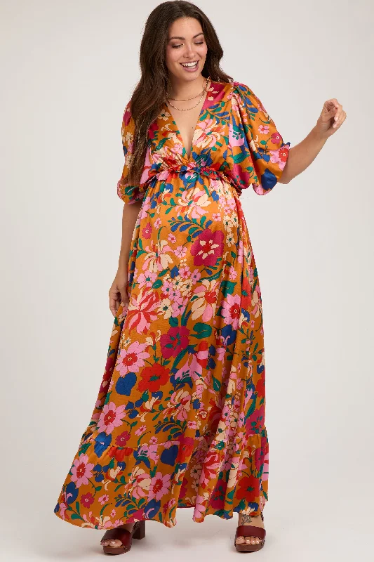 Orange Floral Satin Deep V-Neck Puff Sleeve Maternity Maxi Dress Trendy Ruffled Maxi Dress Orange Floral Satin Deep V-Neck Puff Sleeve Maternity Maxi Dress Trendy Ruffled Maxi Dress