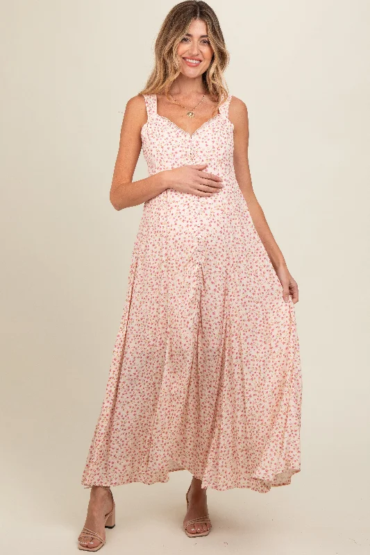 Peach Floral Button Down Maternity Maxi Dress Comfortable Maxi Dress with Sleeves