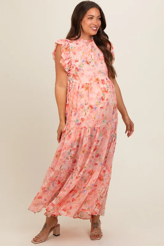 Peach Floral Chiffon Ruffle Shoulder Tiered Maternity Maxi Dress Cozy Wrap Maxi Dress Peach Floral Chiffon Ruffle Shoulder Tiered Maternity Maxi Dress Cozy Wrap Maxi Dress